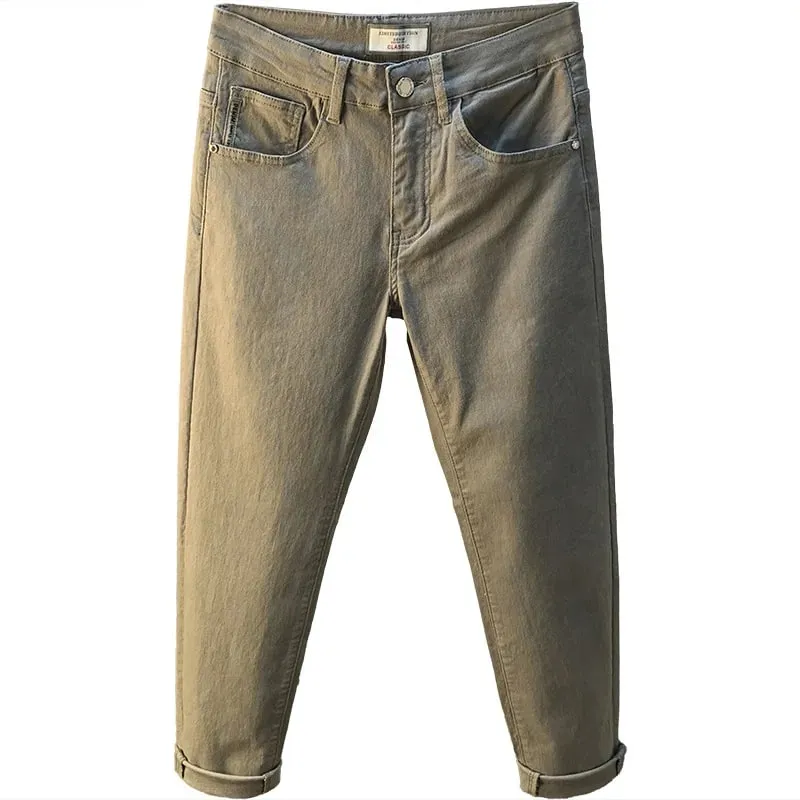 Calças de brim masculinas de luxo leve 2025 verão fino estiramento cônico pequeno perna reta casual versátil denim calças de cor sólida — image 5