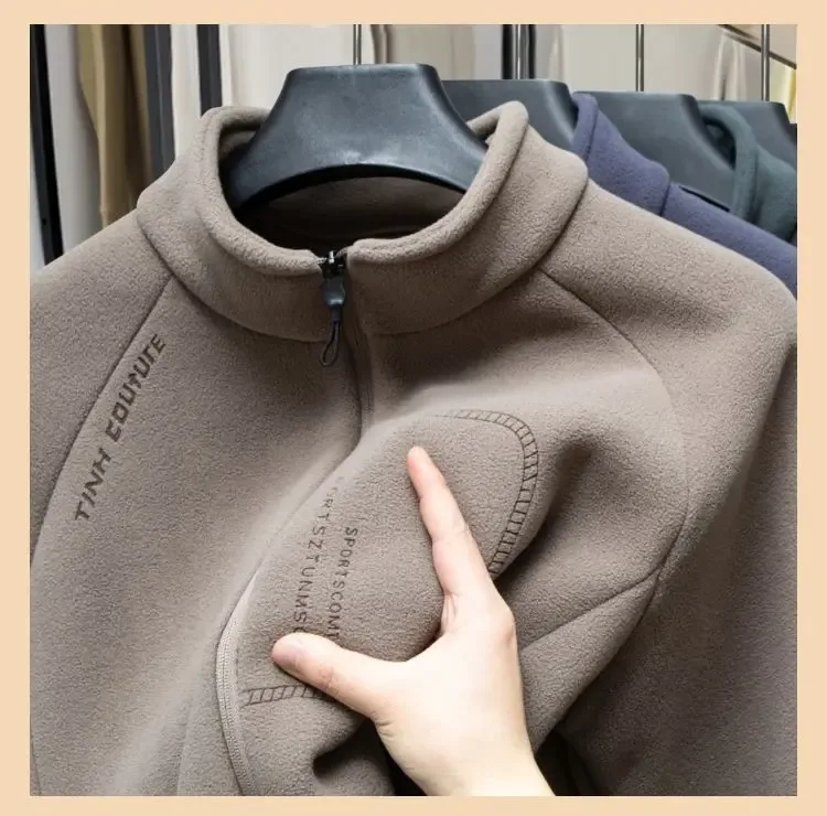Men Double-sided Polar Fleece Hoodie Cardigan Solid Full Zip Warm Letter Print Casual Coats Thicken Sport Classic Sweatshirts — image 9