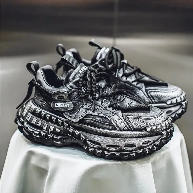 Men's Casual Sneakers with a Patchwork Upper Thick Jute Laces and a Tire-Like Serrated Sole for Added Height and Anti-Slip Grip Making Them Eye-Catching and Suitable for Various Outfits Including Street Wear and Everyday Casual Wear.