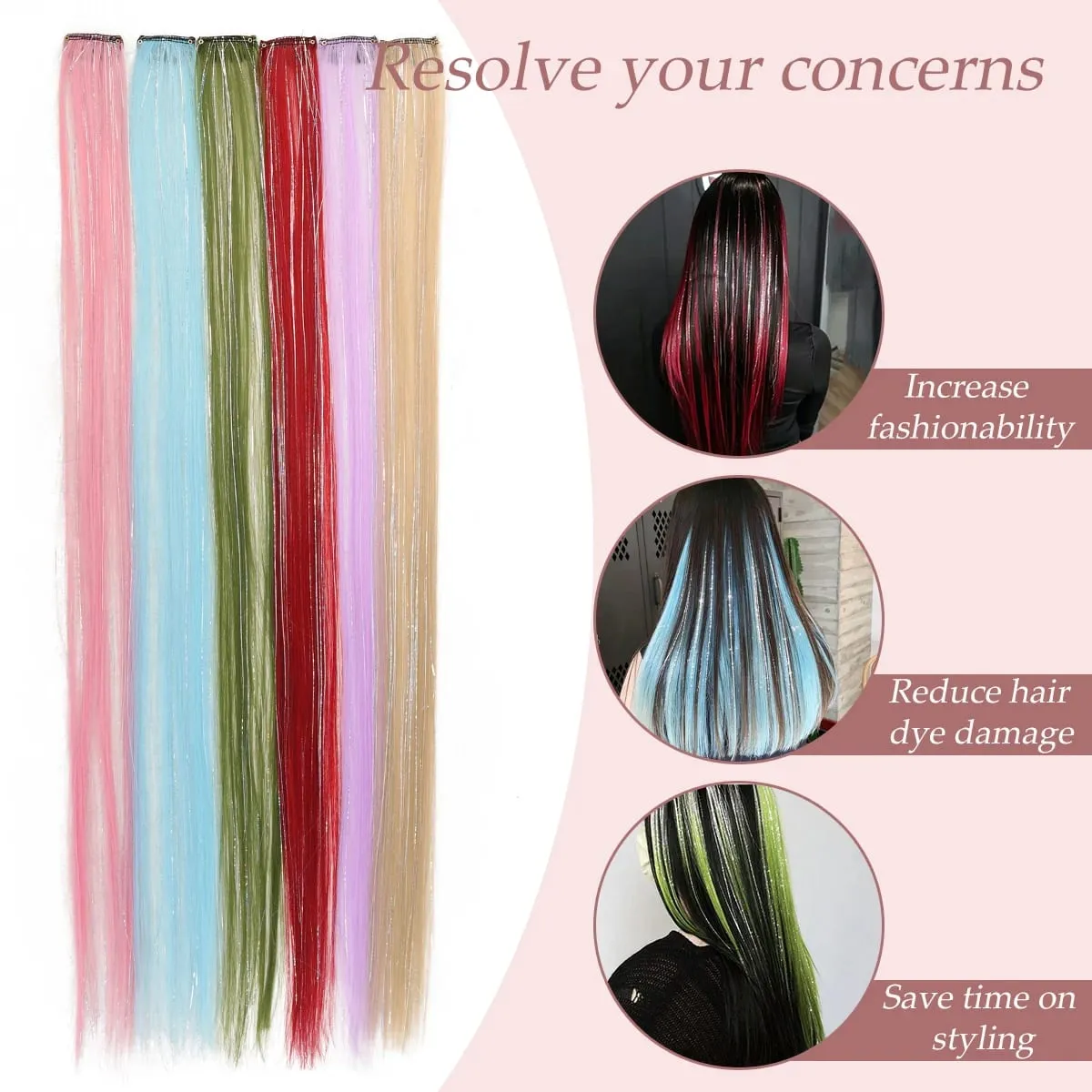 1pcs 24inch Colored Clip in Hair Extensions Long Straight Colorful Highlights Hair Pieces Synthetic Rainbow Hairpieces for women — image 5