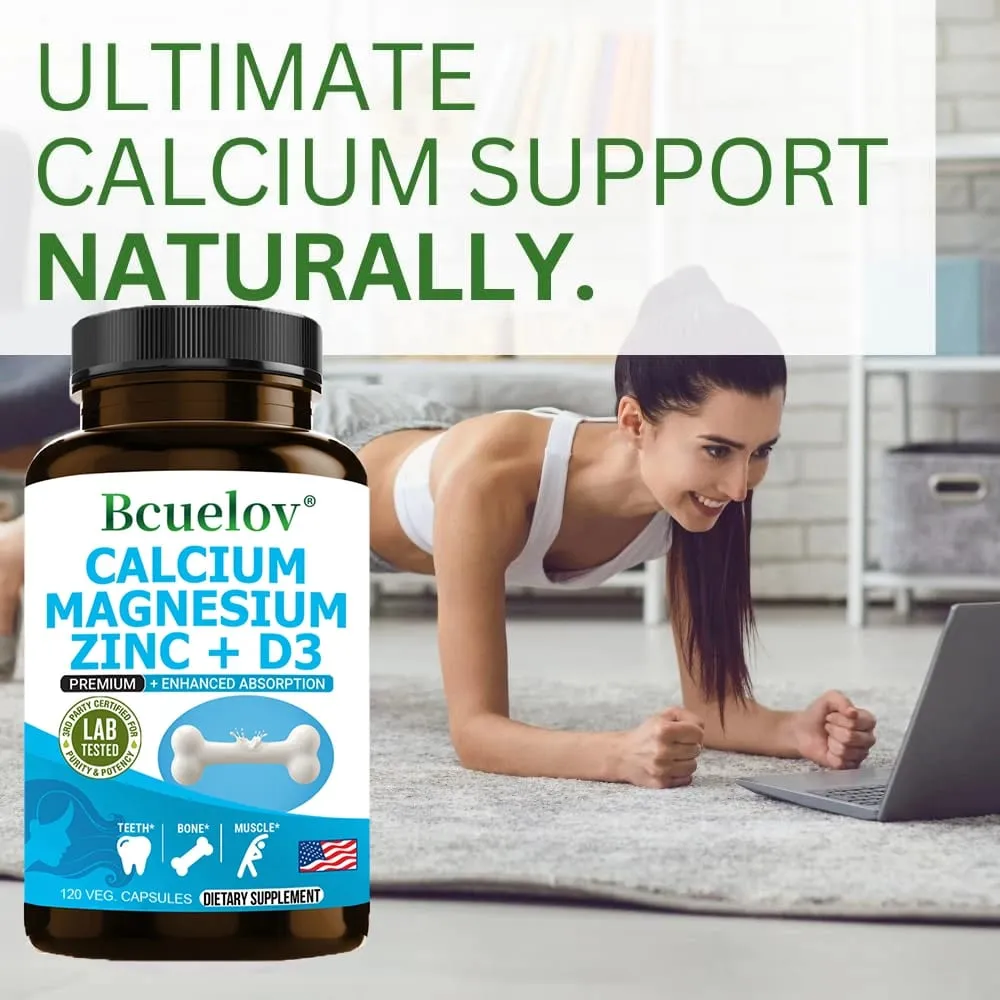 Bcuelov Cálcio Magnésio Zinco Suplemento de Vitamina D3 - Ossos Dentes Músculos Nervos Metabolismo Síntese de Proteínas Sistema Imunológico