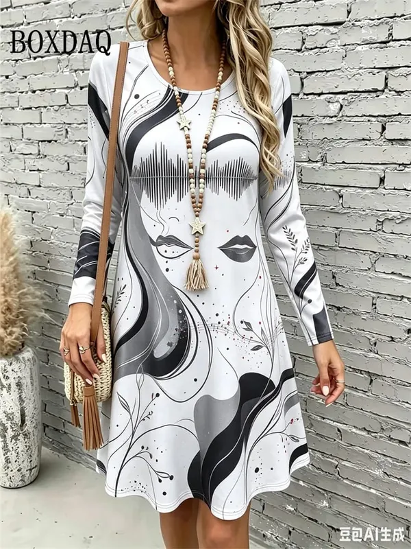 2026 New Women's Dresses Autumn Fashion Streetwear Abstract Painting Floral Print Dress Casual Long Sleeve Loose A-Line Dress — image 7