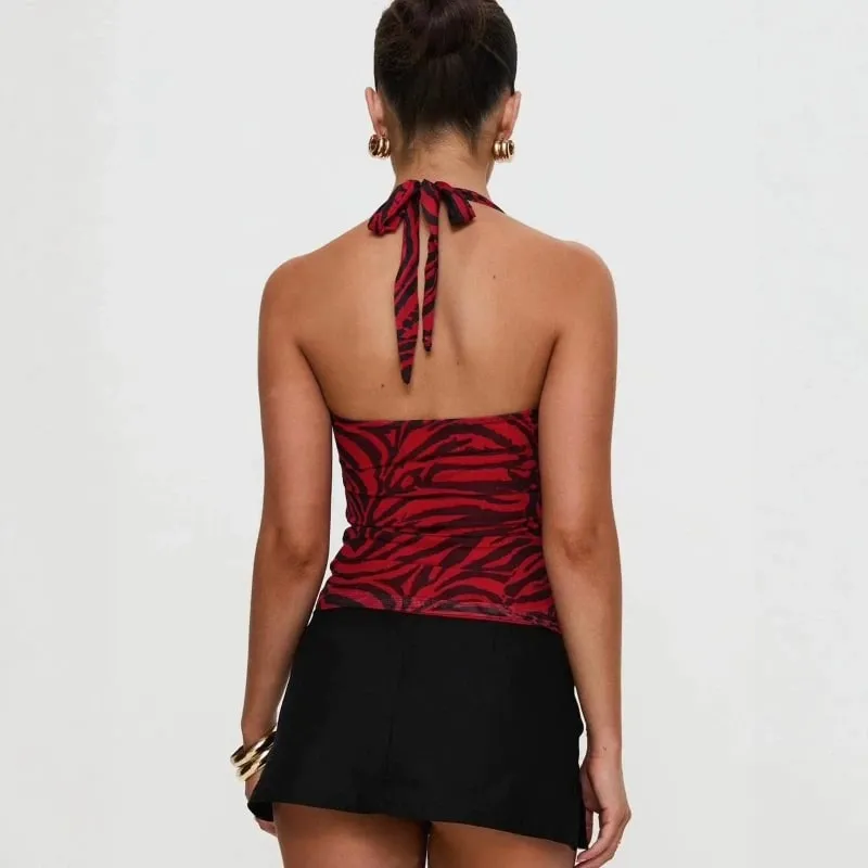 Red Black Stripe Halter Top for Women Sexy Hollow Out Backless Sleeveless Waist Cinched Camisole Summer Vintage Cosplay Costume — image 3