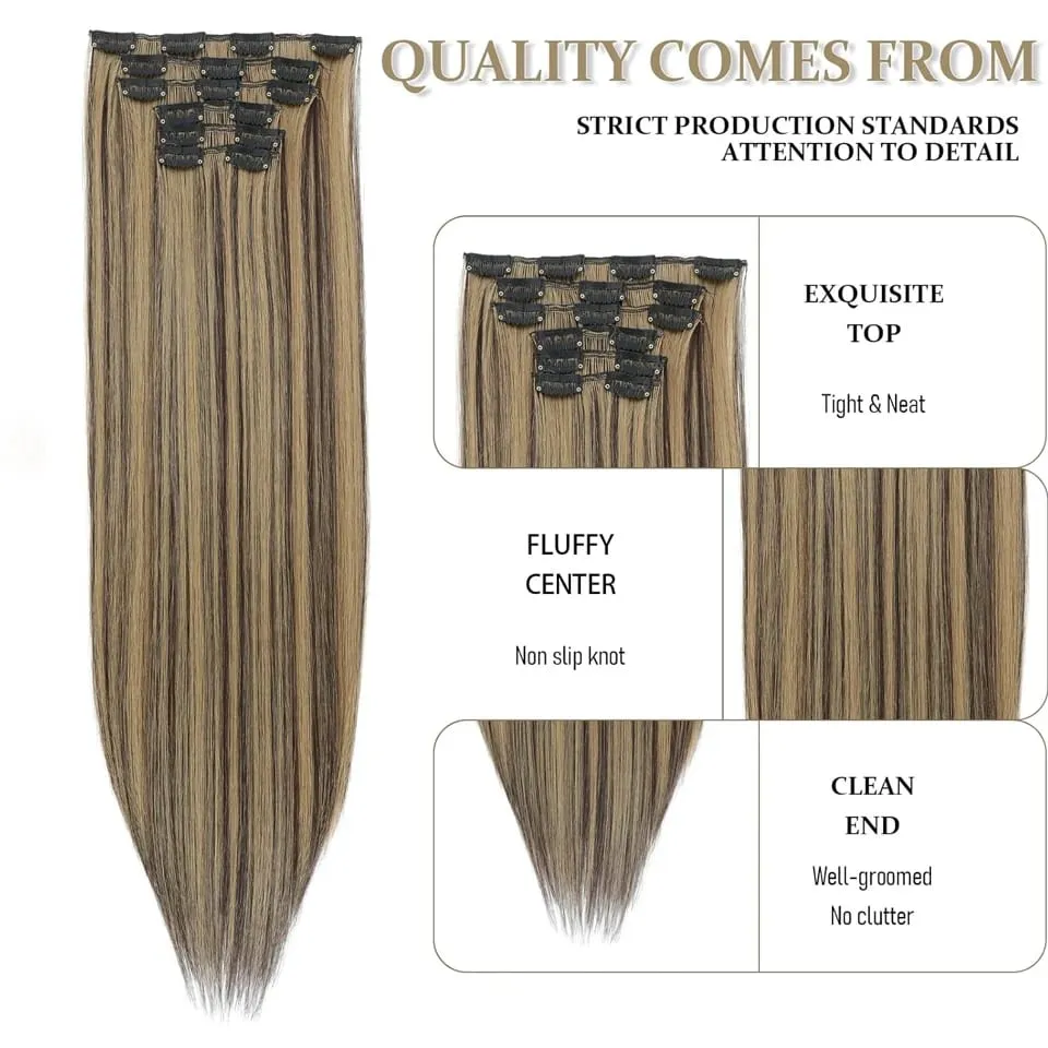 6Pcs/Set Clip In Hair Extension Synthetic Highlights Blonde Long Straight Hairpiece Full Head Thick Hairpieces for Women Girls — image 6