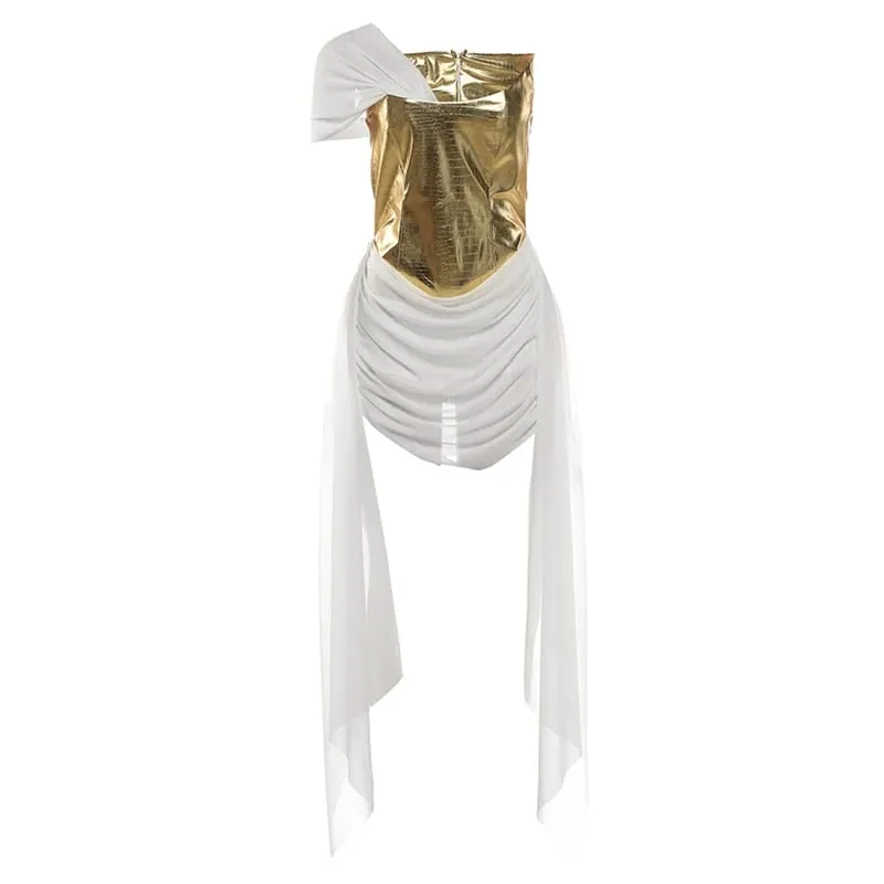 Weird Puss Patchwork Corset Dress Women Zip Irregular Tassel Mesh Ribbon One-Shoulder Birthday Stretch Clubwear Mini Bodycon — image 7