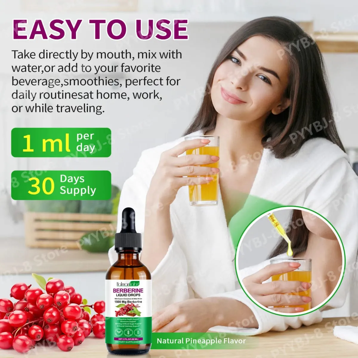 Holmanlabs Berberine Liquid Drops with Ceylon Cinnamon and Bitter Melon Digestive Health Support 1500 Mg Vegan Non-GMO 60 ML — image 6