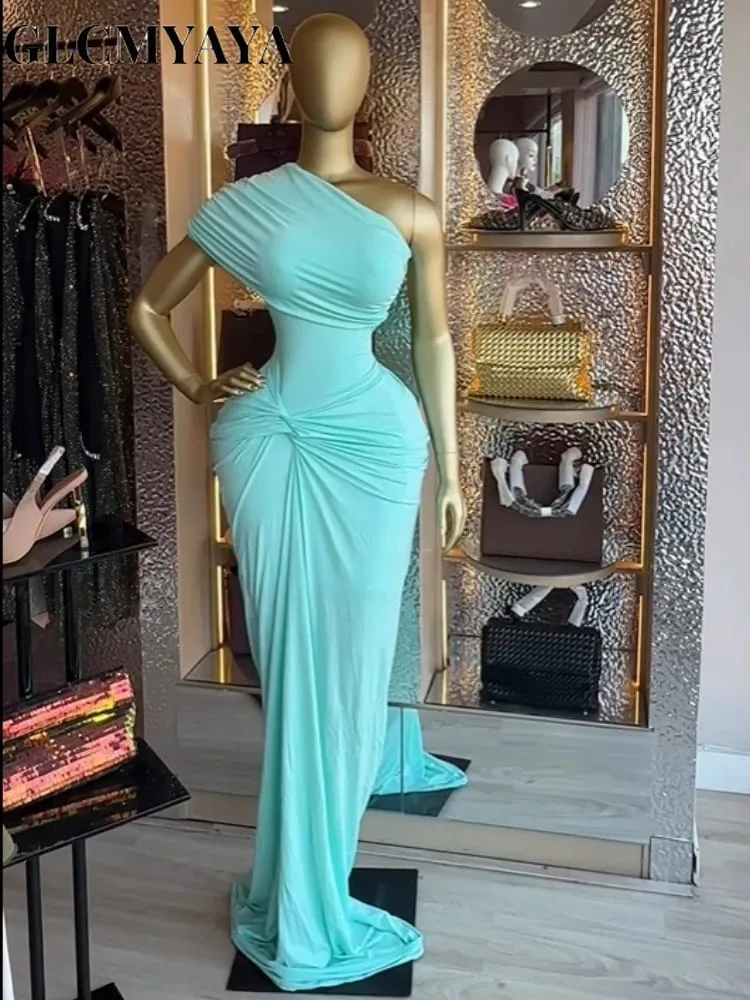 CM.YAYA Women Wraped Waist One Shoulder Ruched Stacked Bodycon Midi Long Maxi Dress 2026 Elegant Evening Birthday Party Dresses — image 2