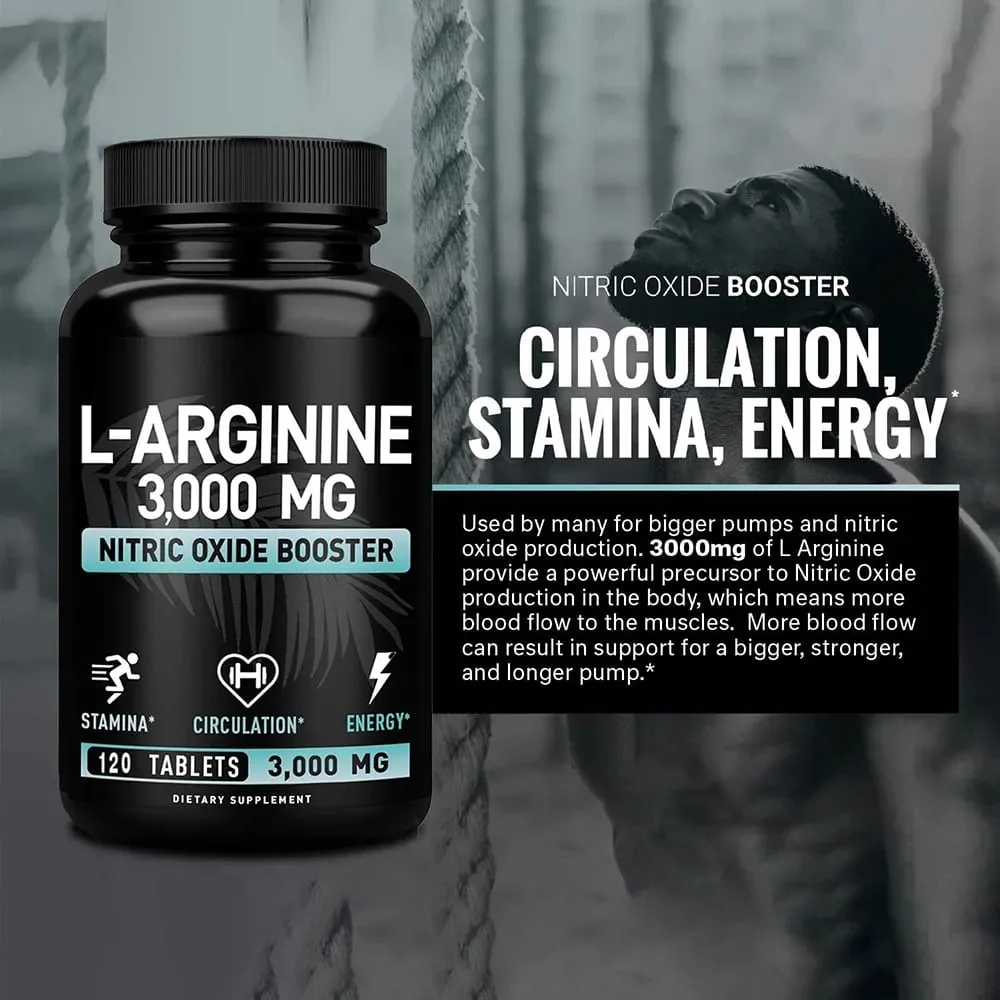 L Arginine 3000mg Capsules - 120 Capsules Nitric Oxide Supplement for Sport Muscle and Energy - L-Arginine Nitric Oxide Booster