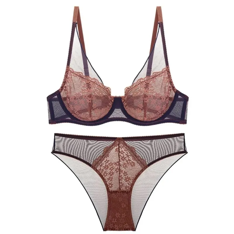 Sweet Mesh Lace Flower Bra Set Lingerie Brassiere Mesh Bra Panties Kit Thin Seamless Push Up Bra Women Lady — image 8