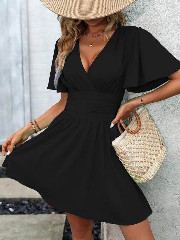 2025 New Summer Deep V-Neck Smocked Ruffled Sleeves Bodycon Dress Women French Retro Style Solid Color Short Long Midi Maxi Dres — image 10