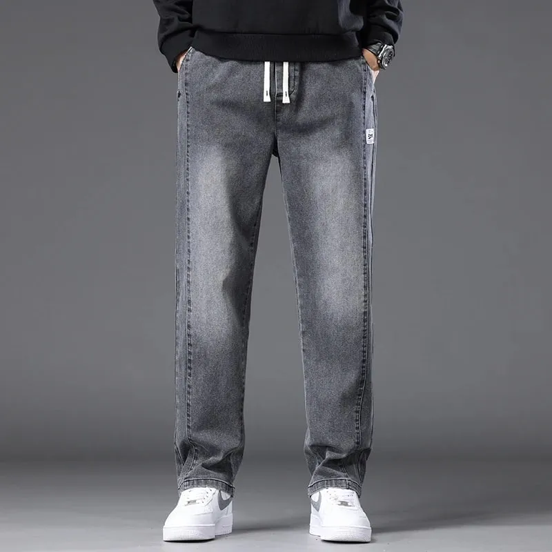Autumn Winter Blue Jeans Men Drawstring Elastic Waist Cotton Cargo Denim Pants Work Fashion Thick Trousers Male Plus Size M-4XL — image 12