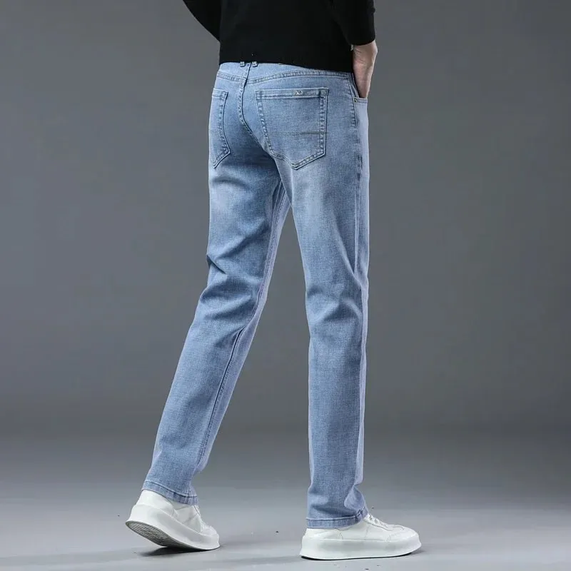 Spring Fashion Men's Light Blue Slim Jeans Stylish Business Casual Stretch Fabric Denim Pants Classic All Match Trousers — image 12
