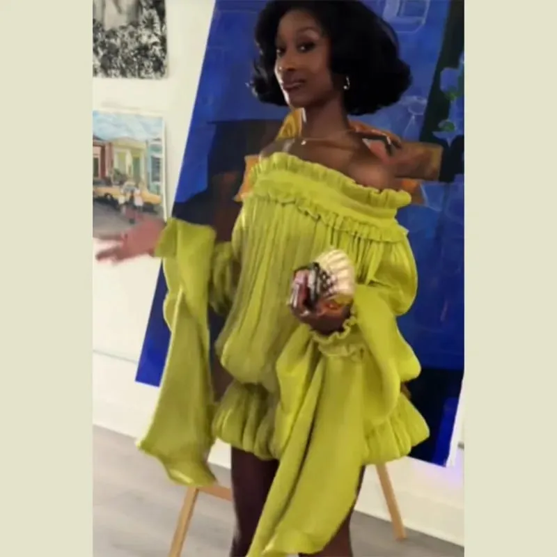Chic Lime Green Off Shoulder Mini Dress Oversized Flare Sleeve Shiny Smocked Waist Bubble Hem Skirt Sexy Party Date Wear New — image 3