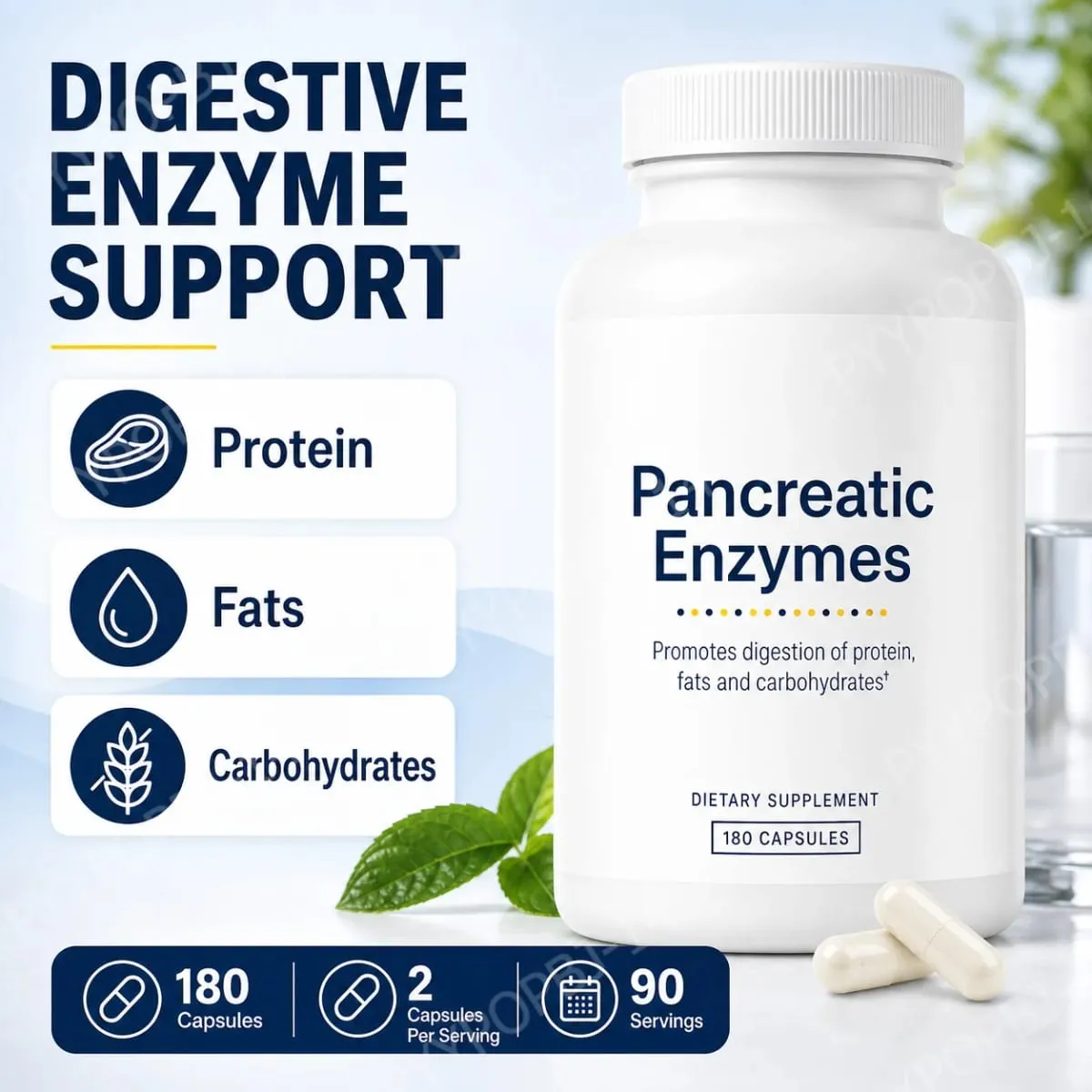 Digestive Enzyme Supplement 180 Capsules Pancreatic Enzyme Blend Protease Amylase Lipase Supports Protein Fat Carb Digestion — image 2
