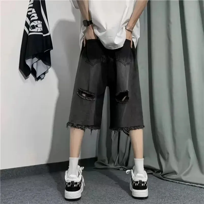 Men's Jeans Ripped Denim Man Pants Cropped Pants Casual Summer Vintage Streetwear Wide Leg Stylish — image 3