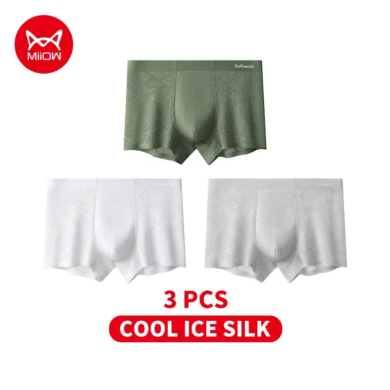 MiiOW 3Pcs Hollow-out Ice Silk Men Underwear Boxers Silky Breathable Man Underpants 10A Antibacterial Crotch Men's Boxer Panties