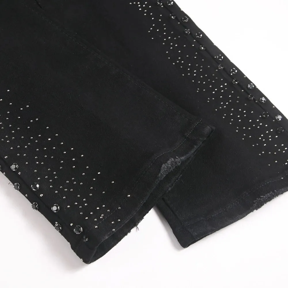 Men's Flared Denim Jeans Punk Crystal Rivet Stretch Black Cotton Spandex Pants Slim Boot Cut Trousers — image 5