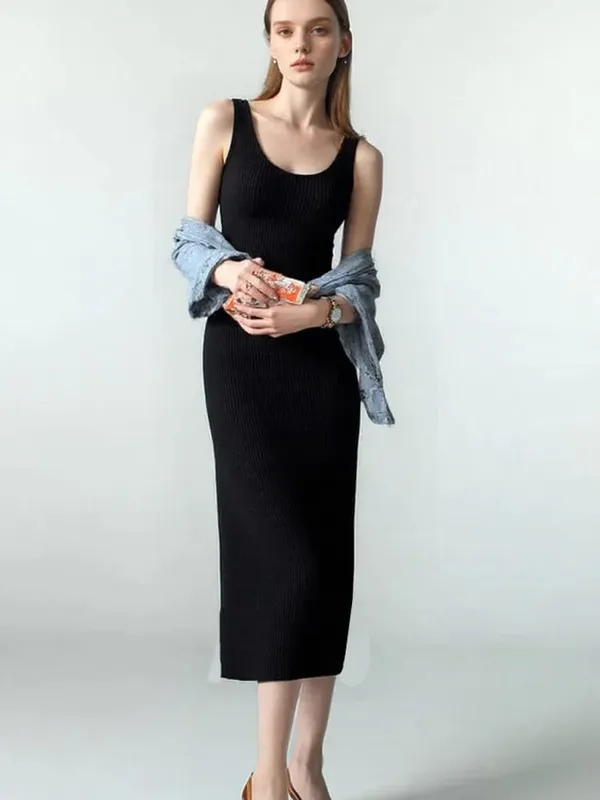 V Neck Sleeveless Elegant Knitted Slip Dress for Women Fashion Sexy Bodycon Casual Long Dresses Autumn Spring Bottoming Clothes — image 5