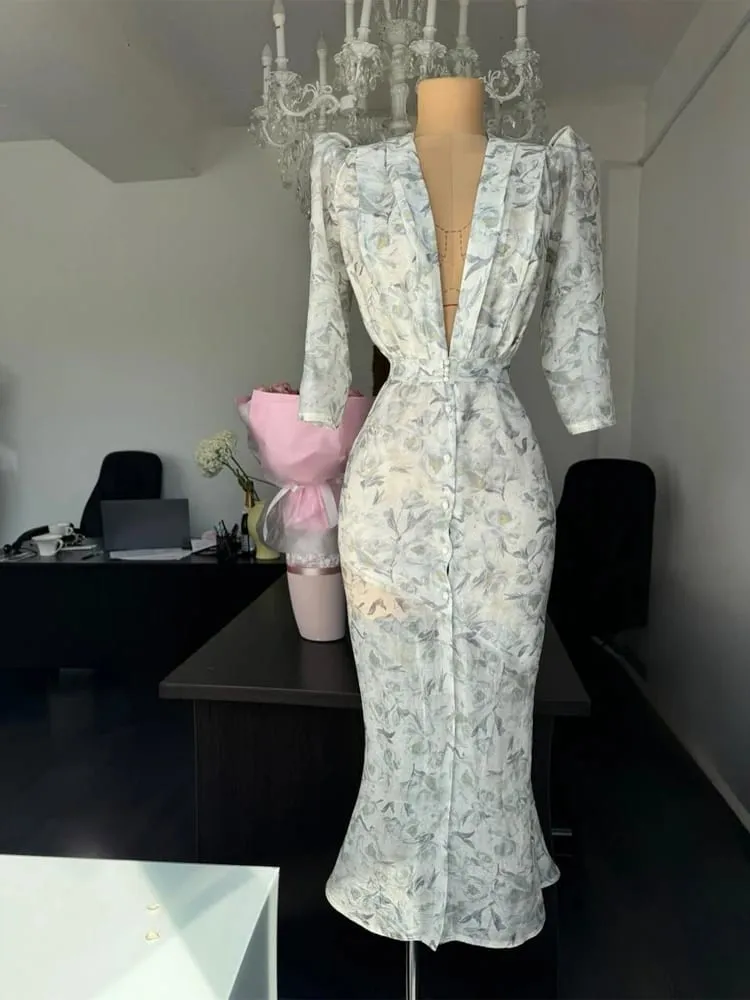 Fashion Sexy Organza Floral Printed Maxi Dress V-neck Puff Sleeve 2026 New Summer Romantic Women Party Gown Elegant Lady Vestido — image 7