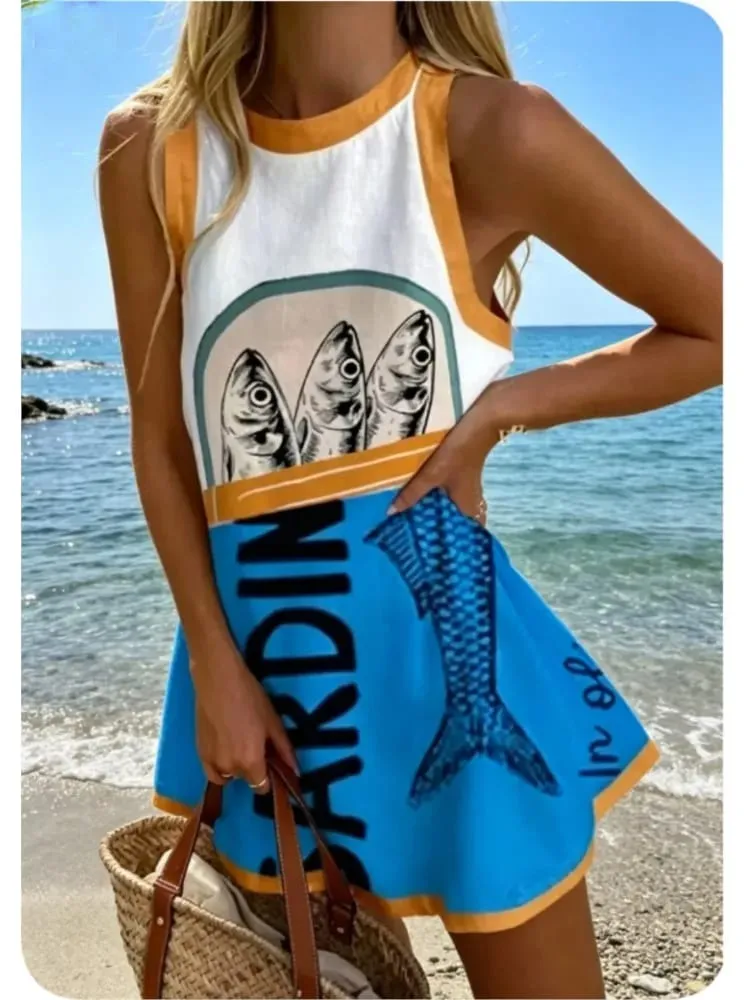 Summer New Print Dress Women's Fashion Elegant Casual O Neck Sleeveless Holiday Beach Party Shirt Dresses For Women Robe Femme — image 2