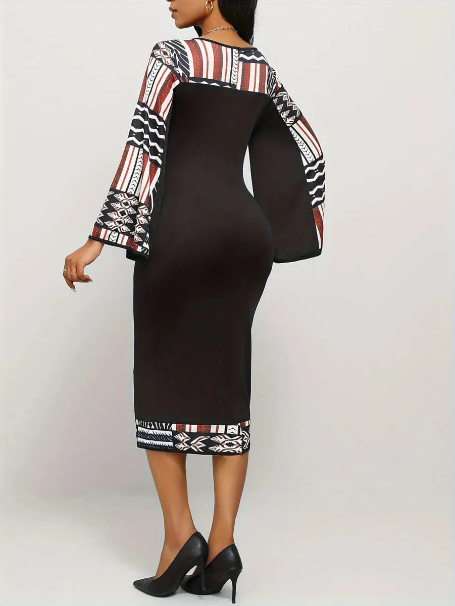 Women's Geometric Pattern Dress Bohemian Bell Sleeve Long Sleeve Asymmetrical Slit Maxi Dress — image 2