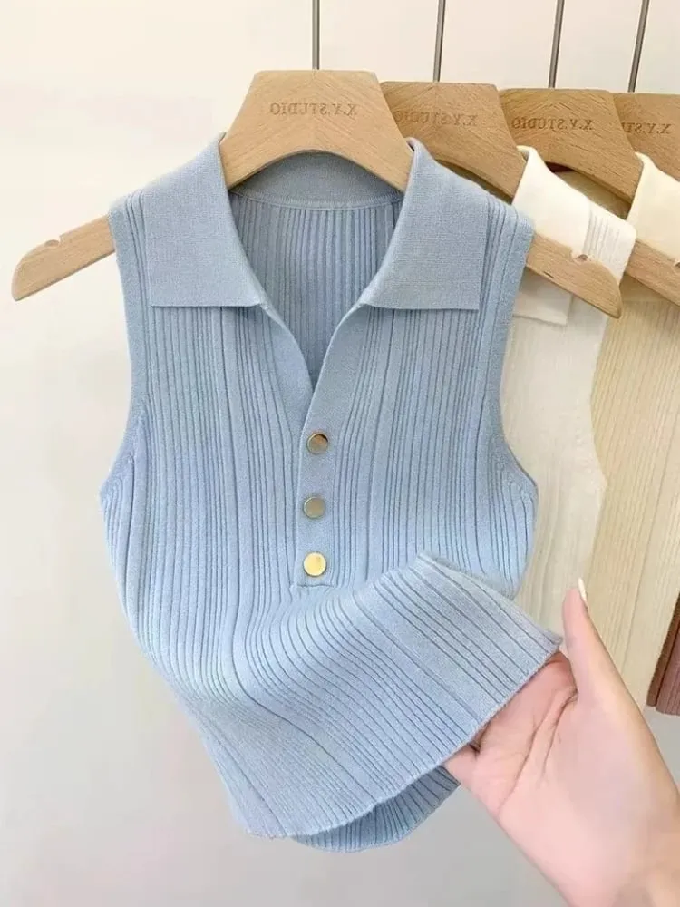 Zjaiss 2026 Spring Summer Slim Versatile Camisole Women's Polo Lapel Tank Tops Vest Ice Silk Knit Sleeveless Tops — image 5
