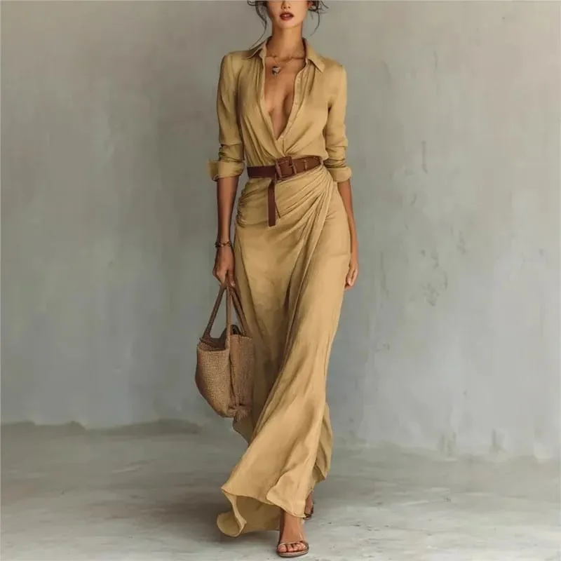 Moda damska Solidna sukienka na przyjęcie świąteczne Elegancka, drapowana długa sukienka z klapami Na co dzień z długim rękawem Dopasowana z paskiem Sukienka koszulowa — image 4