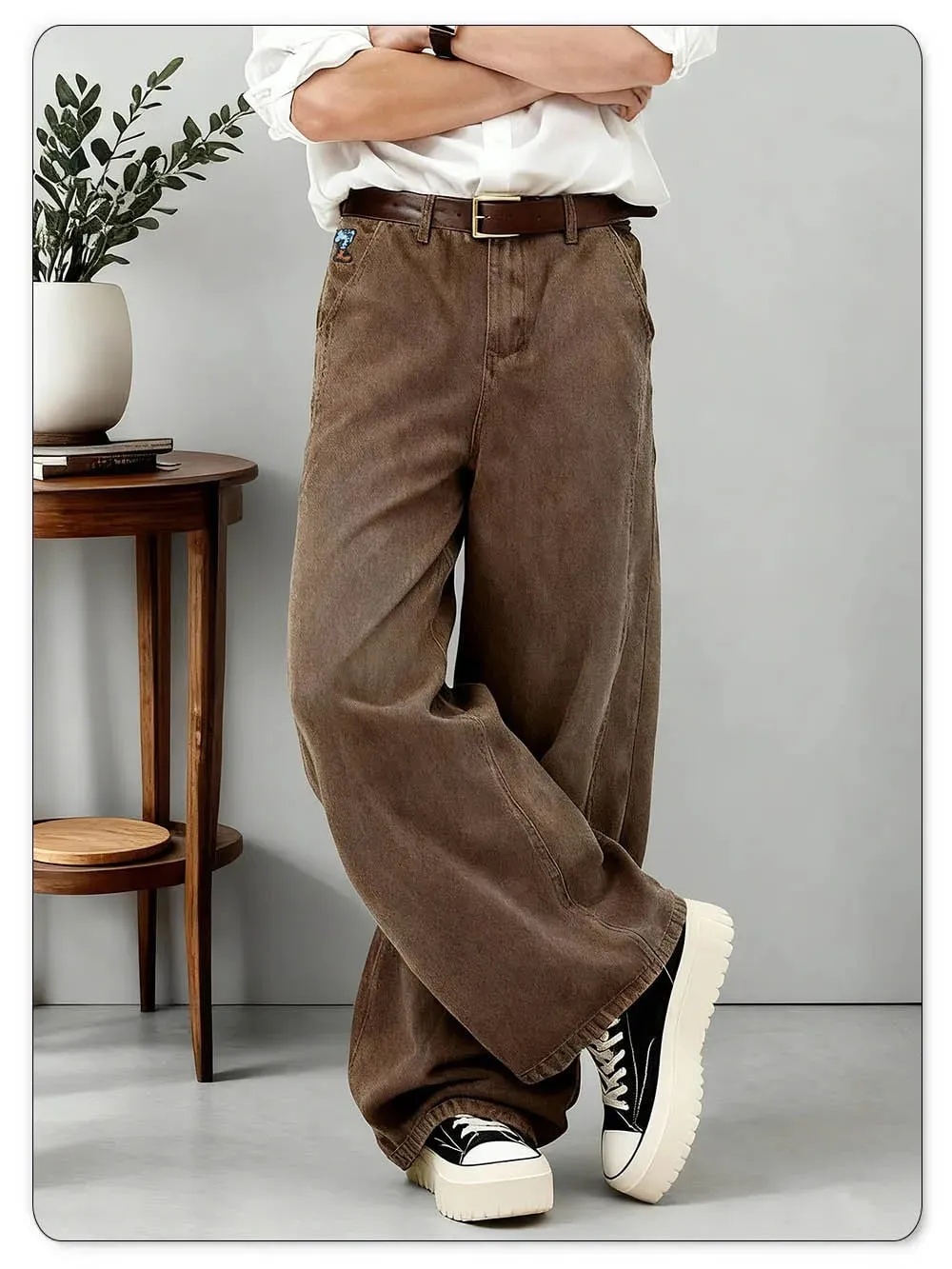 American Men's Retro Brown Ultra Baggy Wide Leg Jeans Street Casual Embroidery Oversized Men's Clothes Unisex Denim Pants — image 9