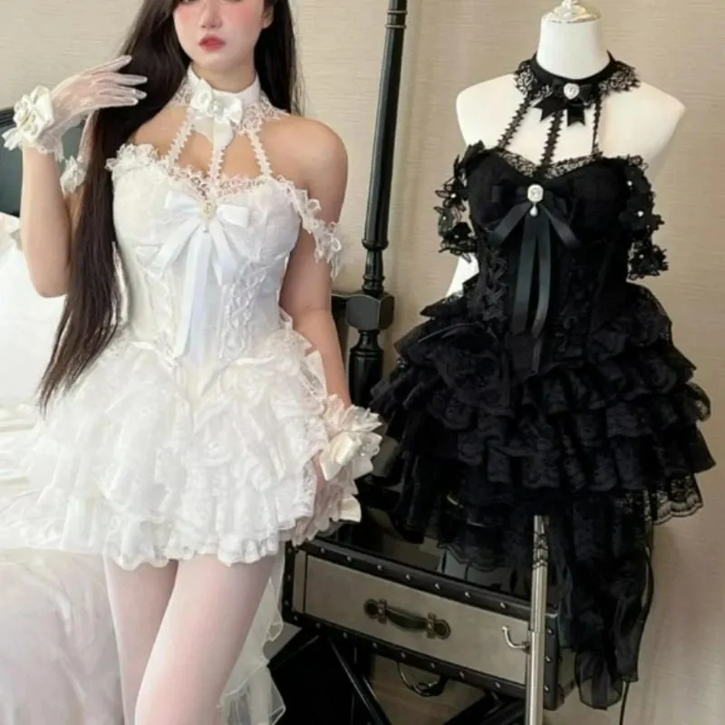 Japansk viktoriansk Sweet Lolita Klänning Kvinnor Harajuku Y2k Rosett Spets Halter Hals Kvällsfest Miniklänningar Kawaii Svart Röd Deess