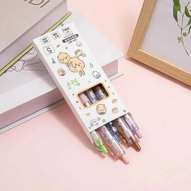 5pcs Cartoon Kawaii Gel Pen 0.55mm Refill Press Pen Black Pen Student Stationery School Writing Supplies animation Birthday Gift — image 4