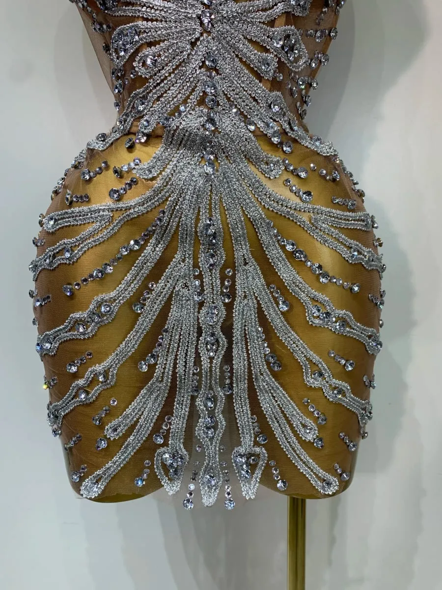 Women Sexy Strapless Rhinestones Mini Dress Performance Costume See Through Stage Dancer Club Evening Party Birthday Dress — image 6