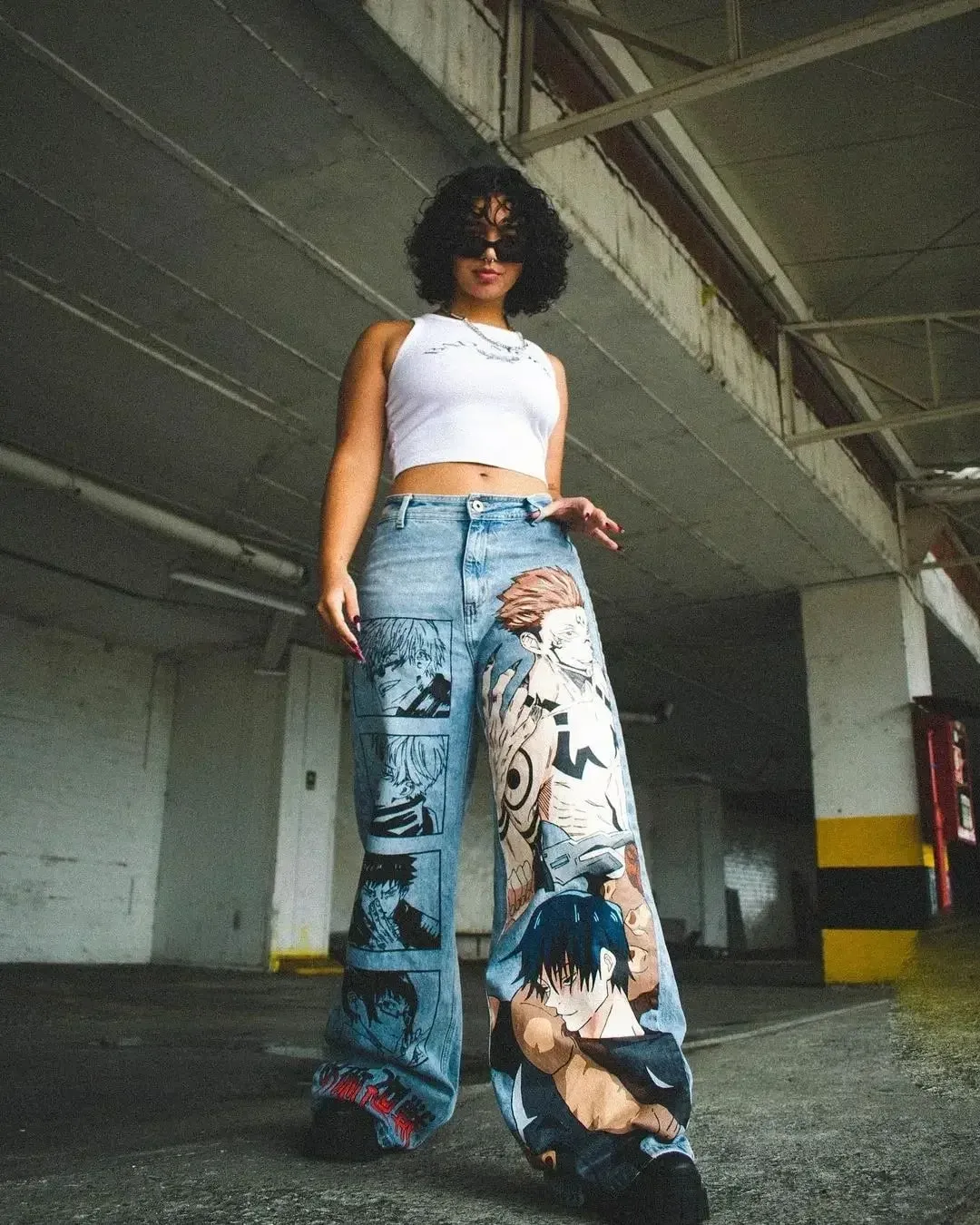 Harajuku anime characters printing jean new wide leg denim pants y2k mens jeans streetwear style couples trouser black jeans — image 10