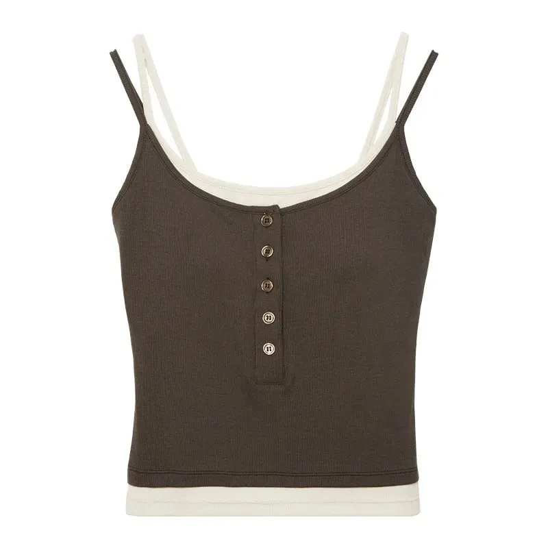 Spicy Girl Fake Two-piece Color Blocking Tank Top with Chest Pad Summer Spaghetti Strap Square Neck Button Casual Slim Fit Camis