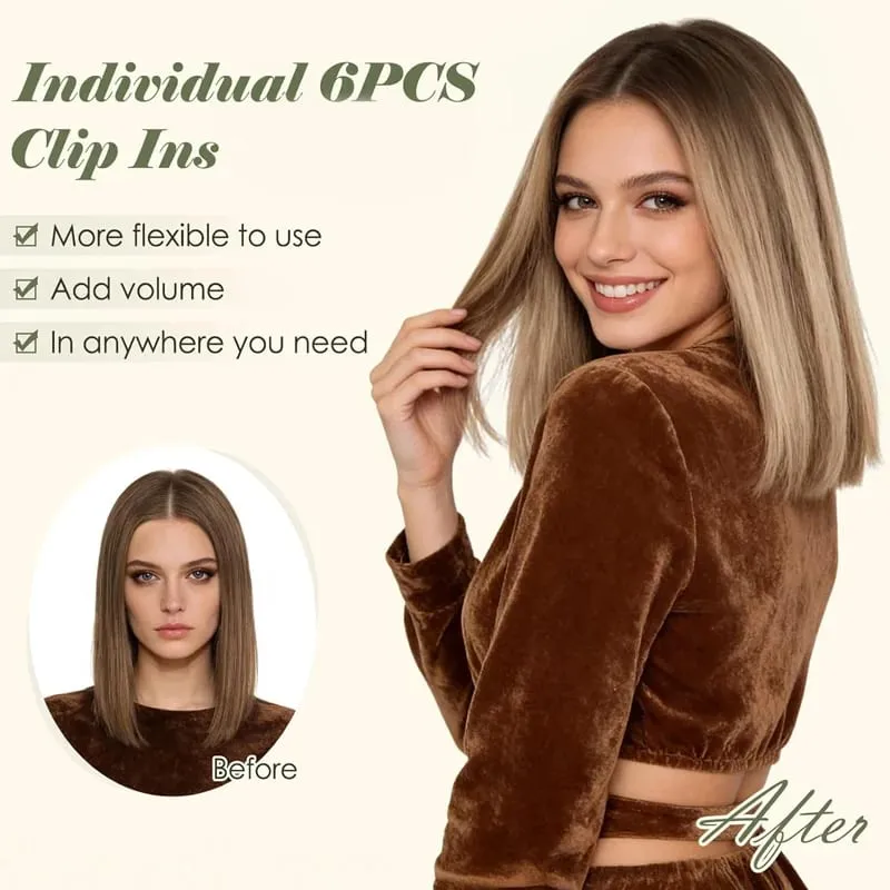 6PCS 6 Clips In Synthetic Hair Extensions Black Color Dark Blonde Short Straight Highlights Hairpin Hairpiece For Women — image 3