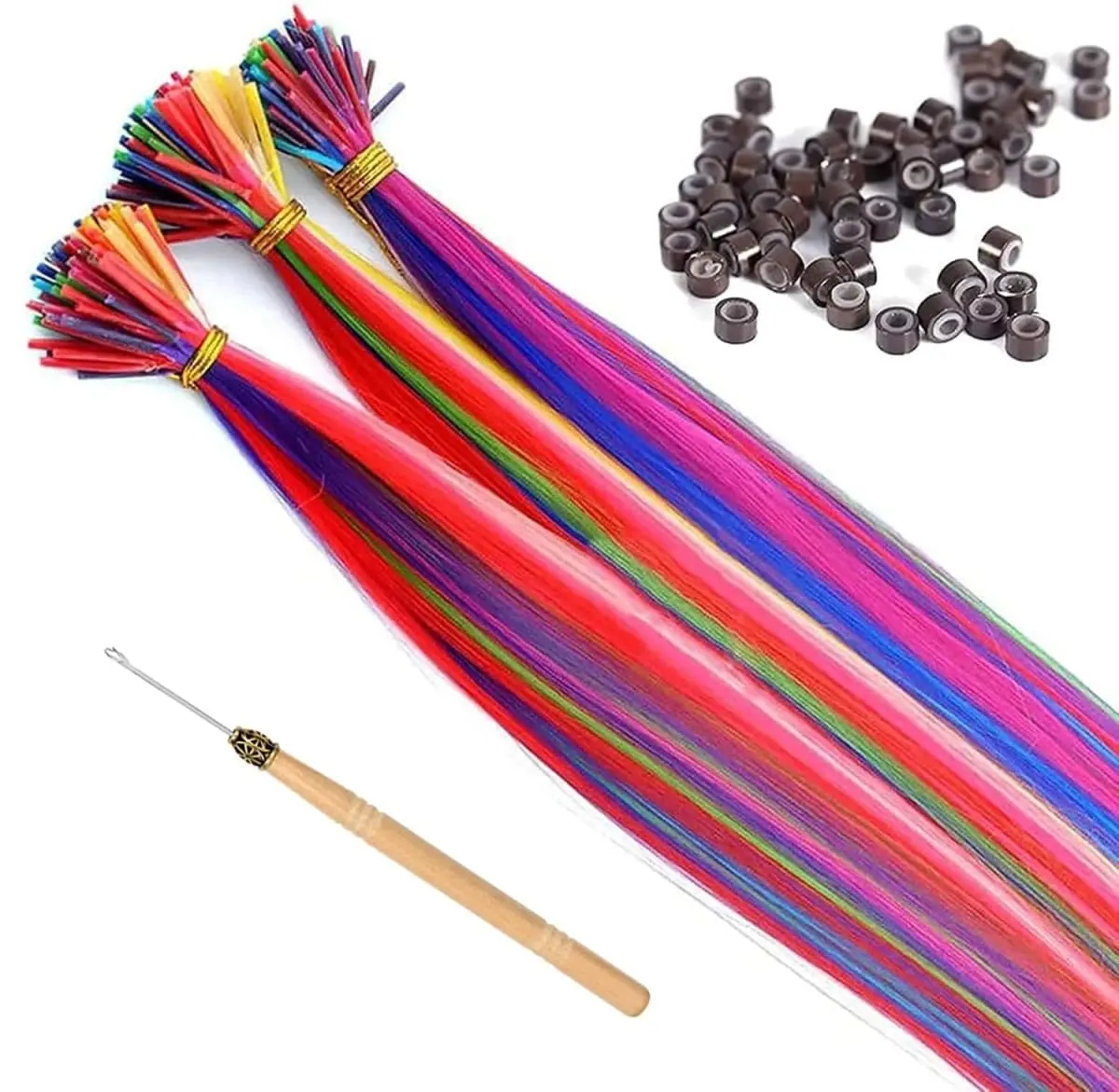20" Rainbow Synthetic Hair Extensions Kit 10PCS Colored I-Tip Extensions with Micro Beads Hook Needle for Women Kids Cosplay — image 4