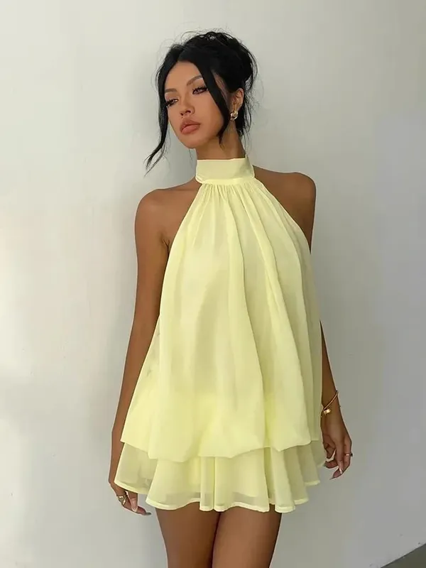 Women Halter Neck Backless Tie Mini Dress Summer Sleeveless Chiffon Ruffle Short Dresses Sexy Club Party Beach Vacation Outfit — image 11