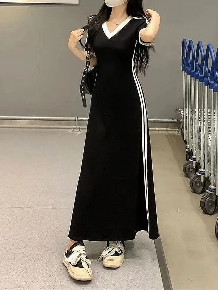 Women Autumn Midi Dress Fashion Patchwork V-Neck Short Sleeve Black Long Skirt High Waist A-Line Dress Sports Ankle-length Dress — image 4