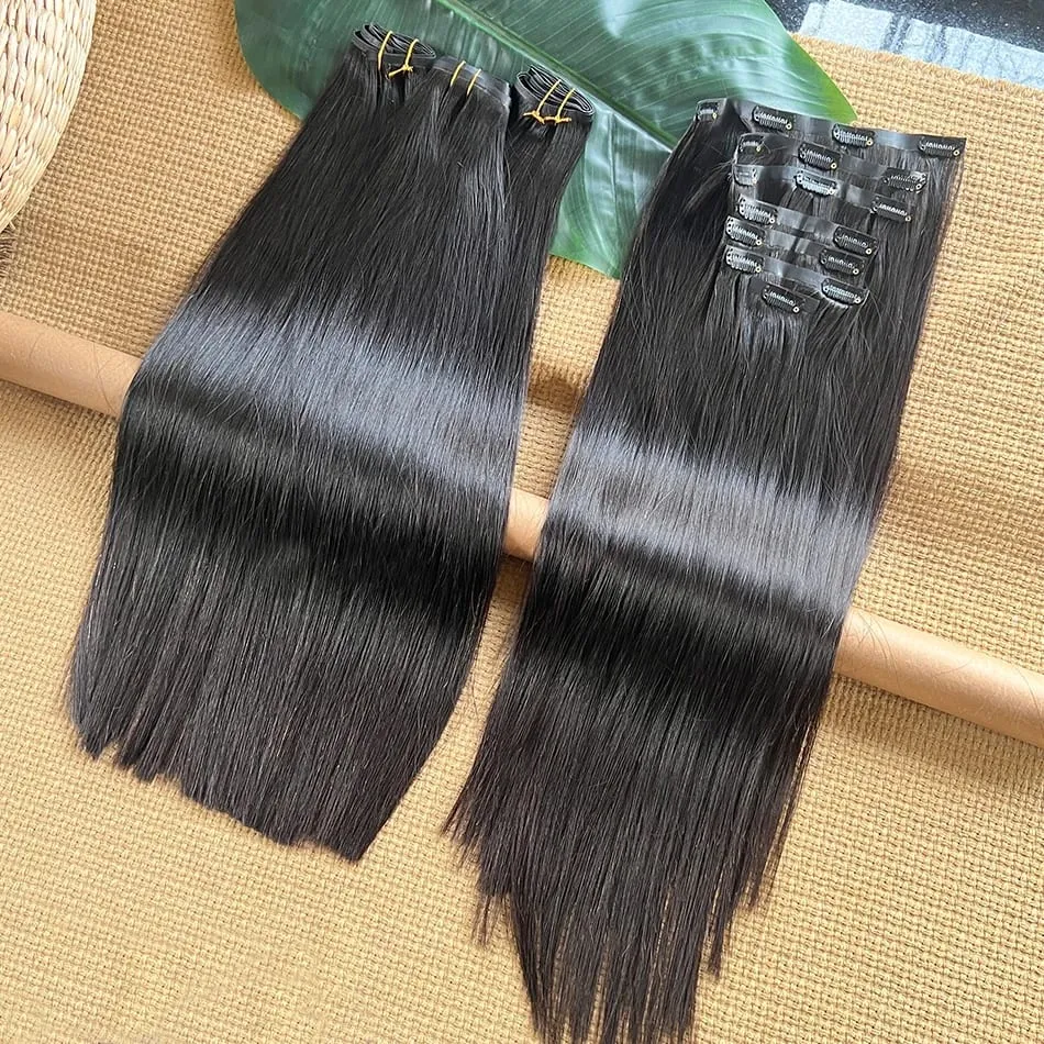 Double Drawn Straight PU Clip Ins Hair Extensions 100% Human Hair Natural Black Color 100g/Set 7pcs Invisible PU Weft Clips Hair — image 5