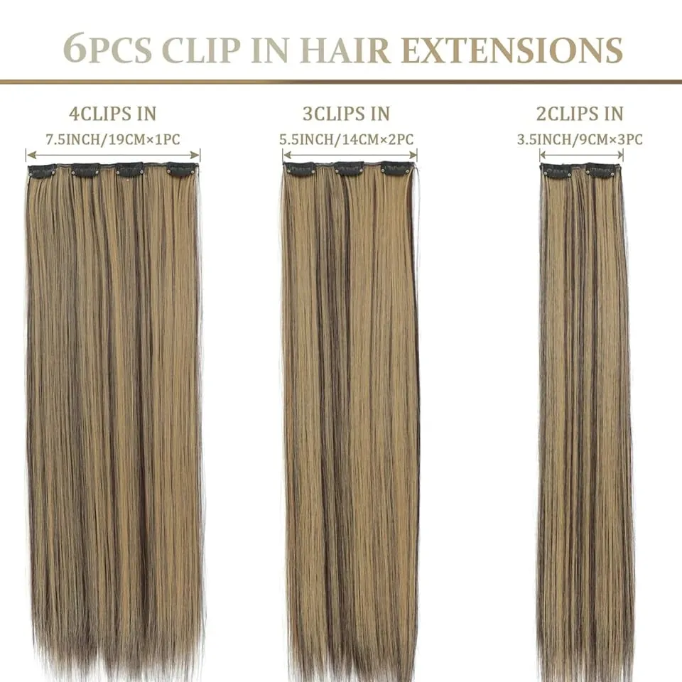 6Pcs/Set Clip In Hair Extension Synthetic Highlights Blonde Long Straight Hairpiece Full Head Thick Hairpieces for Women Girls — image 4