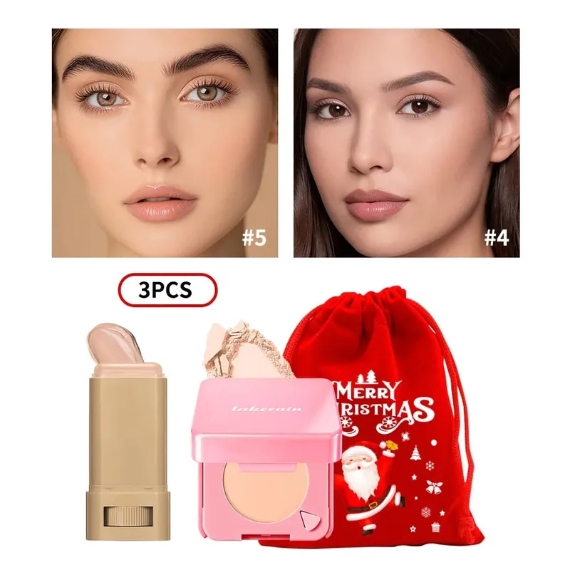 3 uds base en barra, polvo compacto para la cara con bolsa con cordón de Navidad, cosmético facial mate de larga duración, regalo de Navidad — image 8
