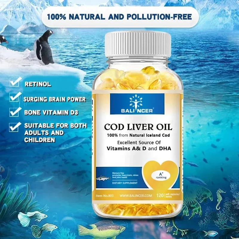 Cápsulas gelatinosas naturais de óleo de fígado de bacalhau - ricas em ômega-3 EPA DHA vitamina A D - apoiam a saúde imunológica das articulações e dos olhos do coração, cérebro — image 4