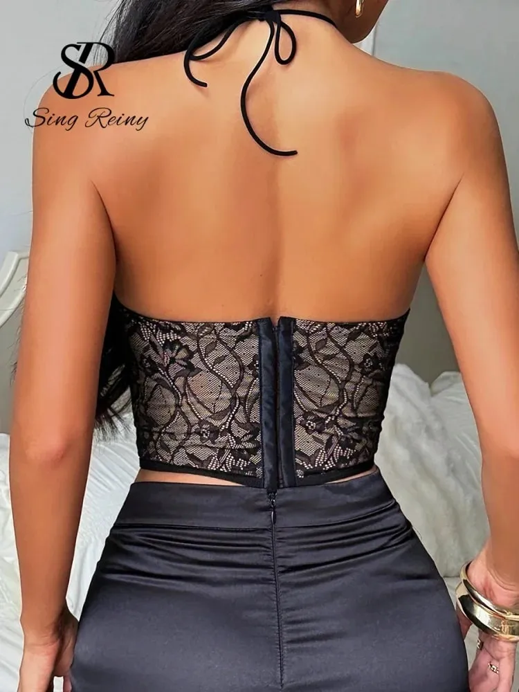 Halter Lace Sexy Corset Top Women Sleeveless Irregular Mesh Camisole Fashion Backless Floral Lace Beachwear Tank Top — image 6