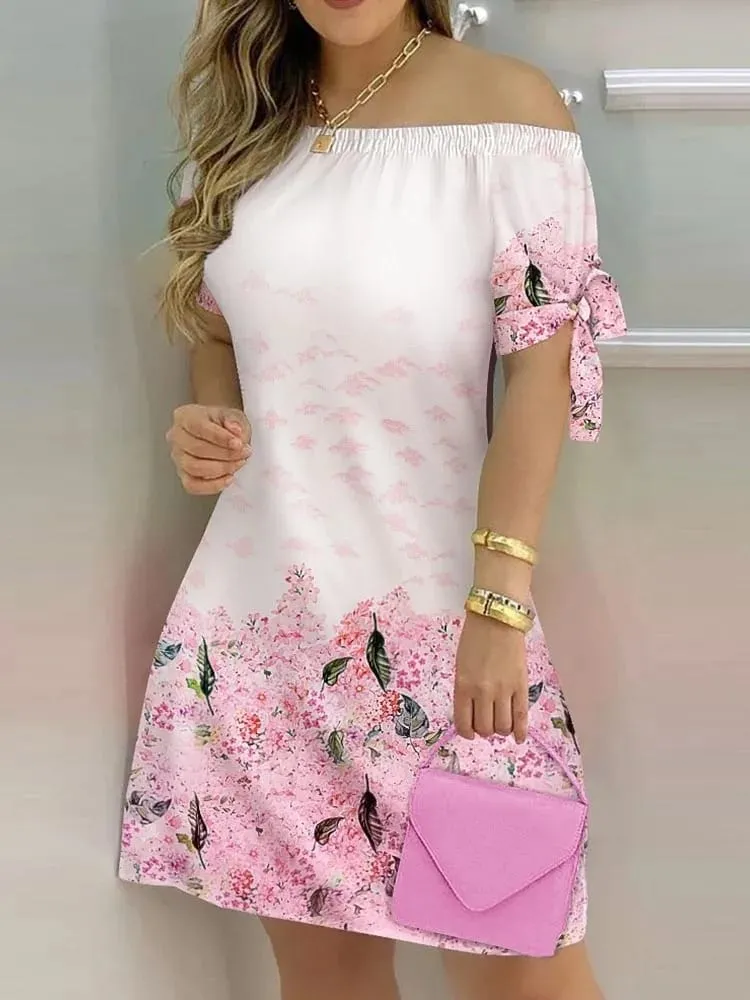 Kadınlar için açık omuzlu Mini Elbise Yaz Seksi Kısa Kollu Papyon Çizgili Çiçek Baskı Elbiseler Moda Rahat Gevşek Elbise — image 1