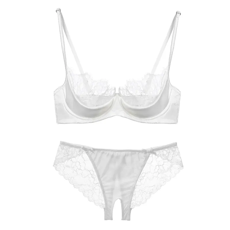Half Cup Lingerie Set Women Green French Lace Ultra Thin Sheer Soft Comfortable Underwire Bra Small Bust 32‑38AB Set — image 8