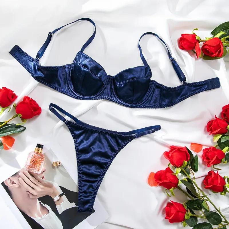 Sexy Luxury Solid Satin Thin Lingerie Girl's Sweet Gathering Bra & Thong Set Female New Fashion Elegant Underwear Daily Life — image 9