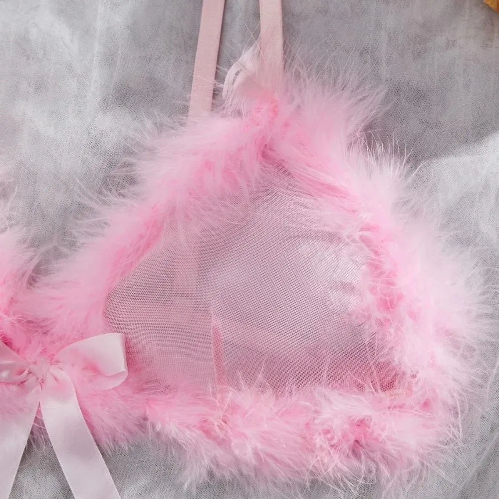 New Year Furry Women's Underwear Wireless Bow Decor Lingerie Set Romantic Intimate Mesh Transparent Bra Panties Suit Home