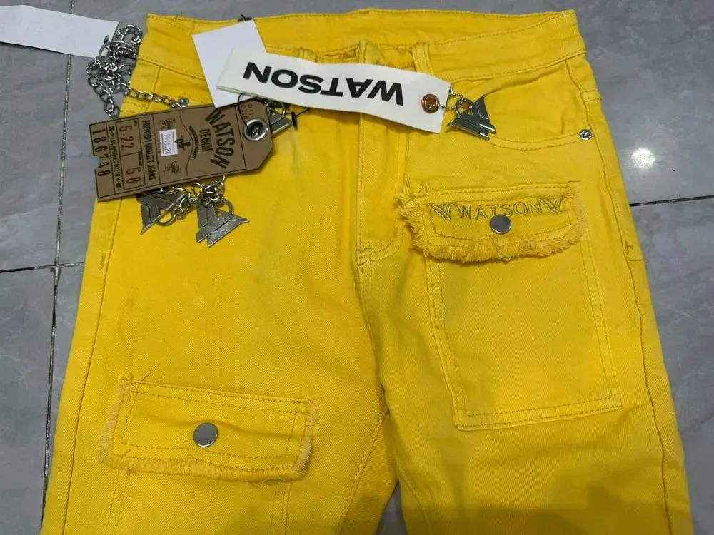 2026 Men's Multi-Pocket High Street Quality Slim Fit Skinny Long Denim Flared Men Yellow Red Pink Jeans Pants — image 7