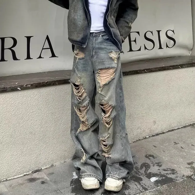 Men's Jeans Relaxed Fit Distressed Ripped Denim Pants Streetwear Summer Man Pants Washed Vintage Wide Leg Holes — image 3