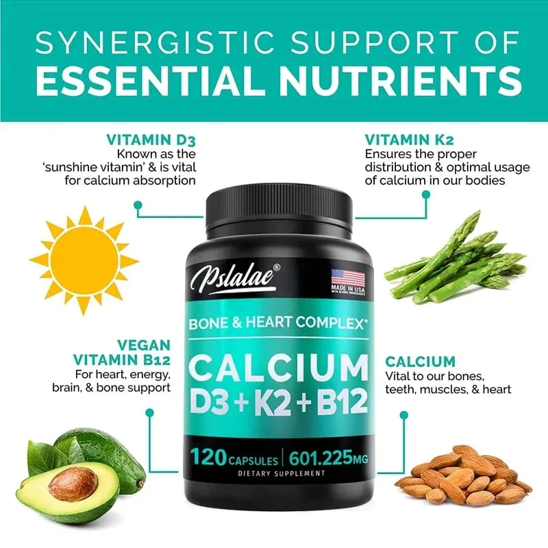 Kalzium 600 mg Vitamin D3 K2 B12 Ergänzung – Bietet Herzknochen- und Immununterstützung für Frauen und Männer