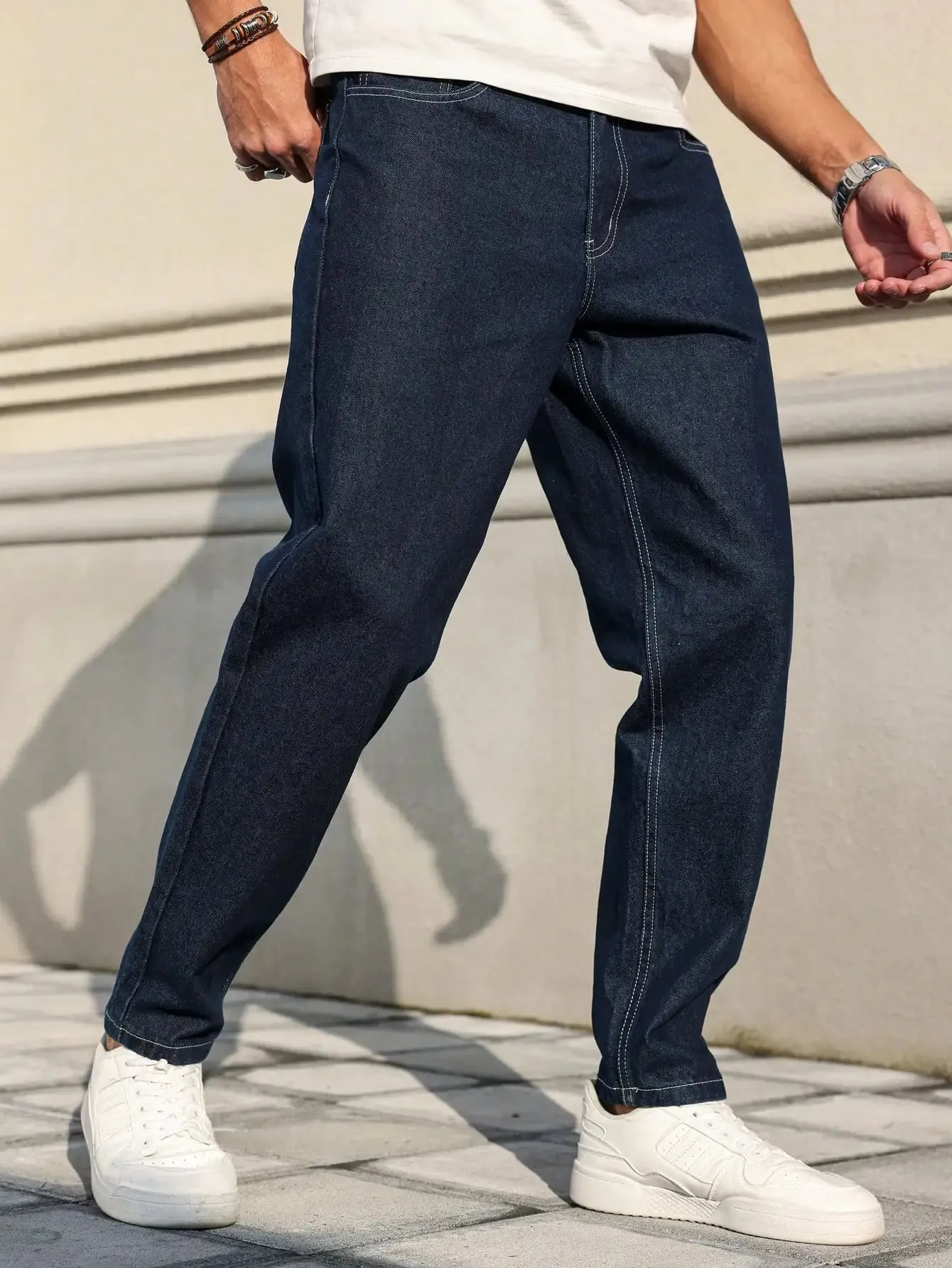 Men Raw Dark Blue Denim Jeans Contrast Stitching Loose Tapered Pants Vintage Non‑wash Straight Taper Trousers Streetwear — image 1